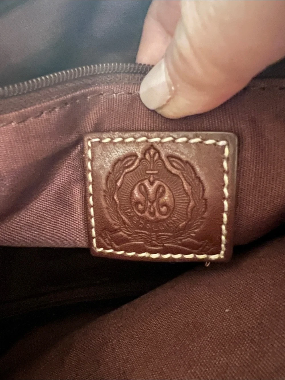 Medallion White Pebbled Leather Brown Trim Shoulder Bag